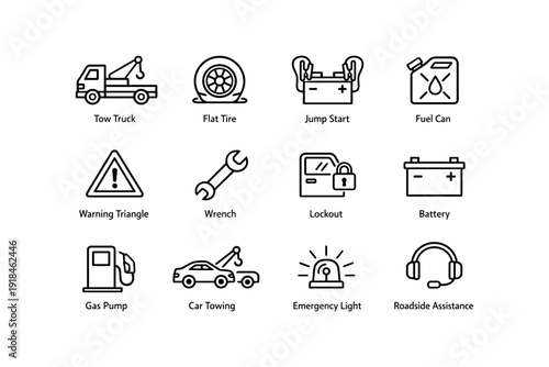 Roadside assistance icons: tow truck, flat tire, jump start, fuel can, emergency light