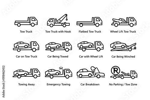 Tow truck types and car towing methods illustrated in line drawings