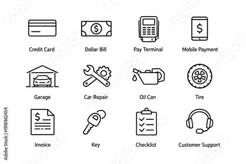 Financial and automotive service icons: credit, repair, payment, support