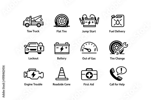 Car emergency icons: tow truck, flat tire, jump start, fuel delivery