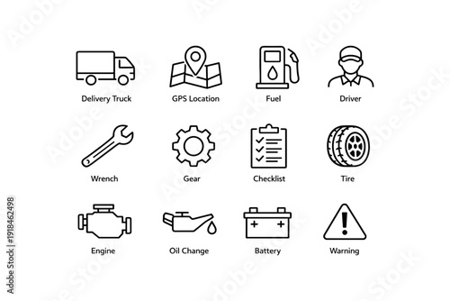 Delivery truck and automotive icons set featuring gps, fuel, and maintenance tools