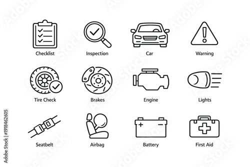 Essential car maintenance icons: inspection, engine, brakes, lights, and safety tools