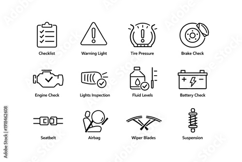 Car maintenance icons: checklist, warning light, tire pressure, brake, engine, lights, fluid, battery, seatbelt, airbag, wiper, suspension