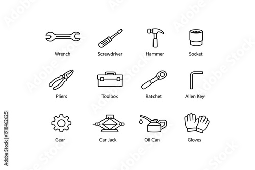 Tool icons set: wrench, screwdriver, hammer, toolbox, gear, gloves