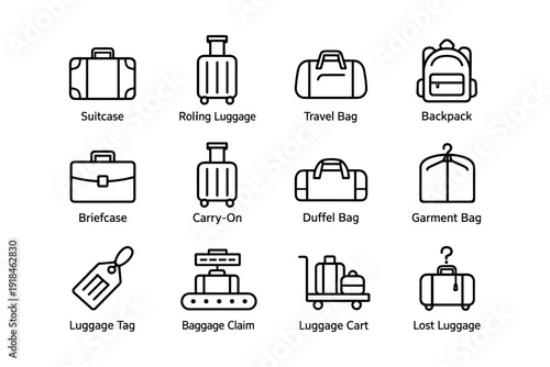 Travel bags and luggage icons set: suitcase, backpack, duffel, and more