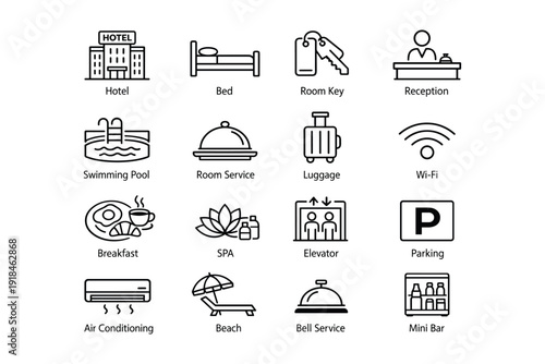 Hotel amenities icons: swimming pool, room service, wi-fi, parking, elevator