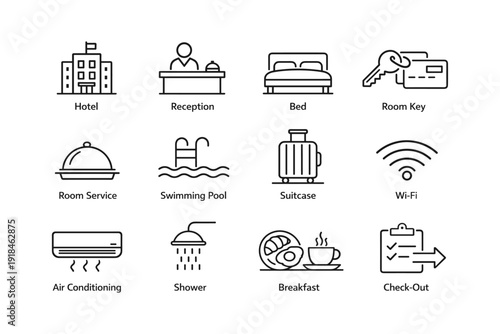 Hotel amenities icons: reception, bed, room service, wi-fi, swimming pool