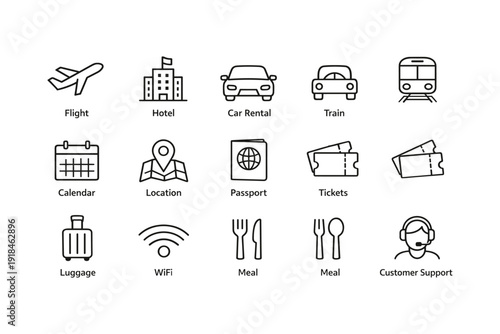 Travel icons: flight, hotel, car rental, train, passport, tickets