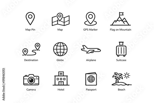 Travel icons set: map, gps, destination, airplane, suitcase, hotel, beach