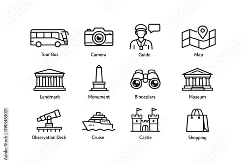 Tourism icon set featuring bus, camera, guide, map, and more