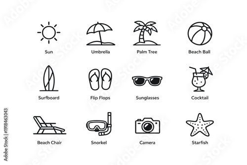 Beach icons: sun, umbrella, palm, ball, surfboard, flip flops, sunglasses, cocktail, chair, snorkel, camera, starfish
