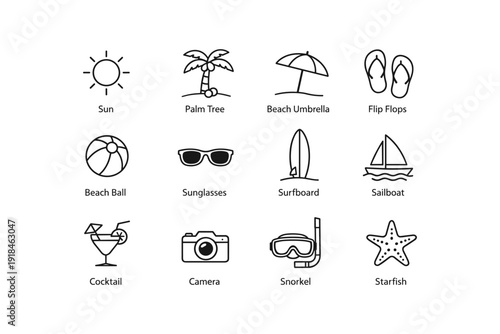 Summer icons: sun, palm tree, umbrella, flip flops, beach ball, sunglasses, surfboard, sailboat