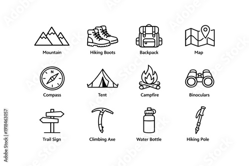 Outdoor adventure essentials: icons of hiking gear and camping tools