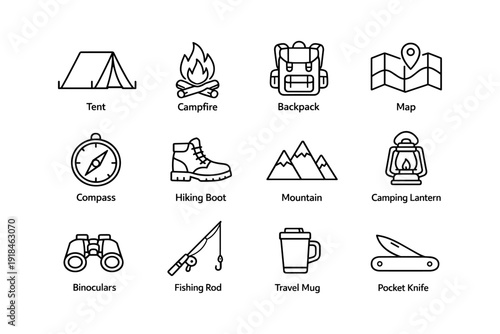 Camping essentials icons: tent, campfire, backpack, map, compass, hiking boot, mountain