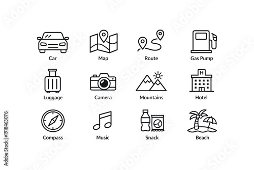 Travel icons set: car, map, route, gas pump, luggage, camera, mountain, hotel