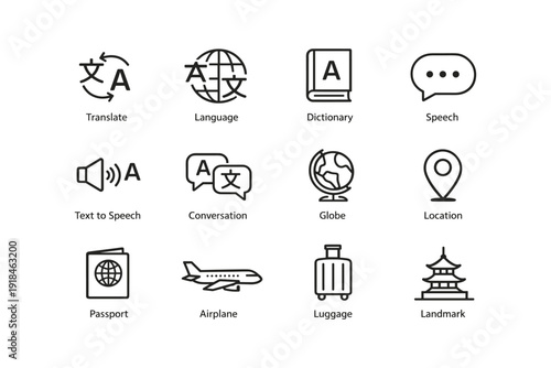 Icon set featuring translation, language, dictionary, speech, and travel elements