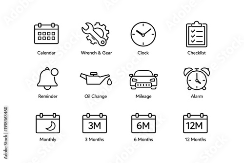 Automotive maintenance icons: calendar, tools, clock, checklist, reminders