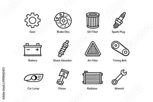 Car parts icons: gear, brake disc, oil filter, spark plug, battery, wrench