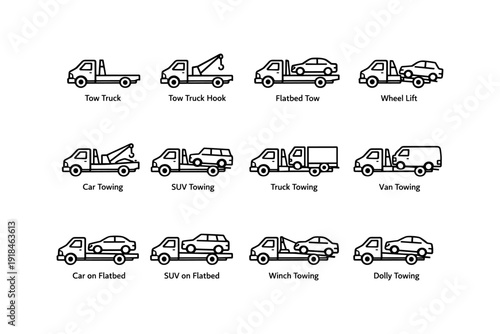 Various tow truck icons for vehicle transport and recovery