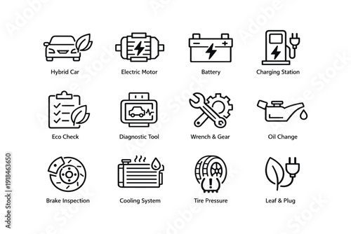 Electric vehicle icons: hybrid, battery, charging, maintenance tools and energy symbols