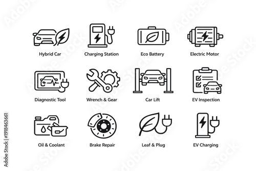 Eco-friendly vehicle icons: hybrid car, charging station, electric motor, and tools