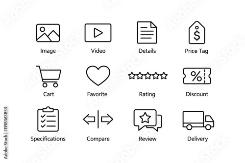 User interface icons set: image, video, cart, and delivery symbols