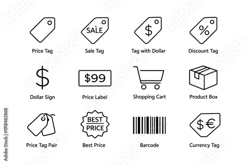 Price and discount icon set with shopping cart and currency symbols