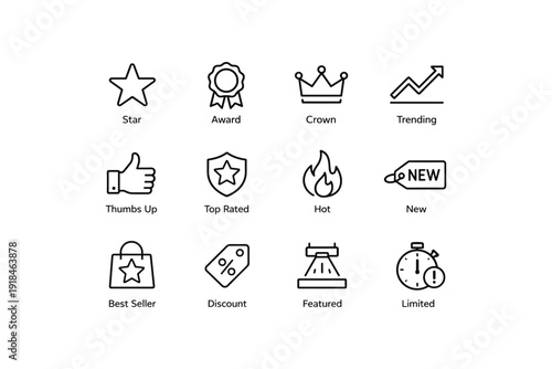 Set of minimalist black line icons illustrating awards, ratings, and promotions