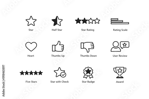Star ratings and review icons: heart, thumbs, awards, user interface symbols