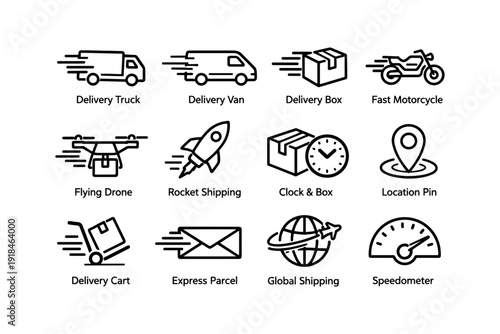 Set of black and white linear shipping and delivery icons