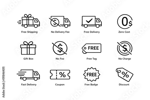 Delivery icons set: free shipping, no fee, discounts