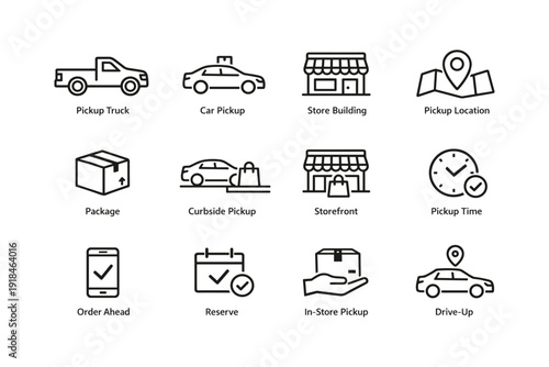 Pickup icons: truck, car, store, location, package, curbside, time, order, reserve
