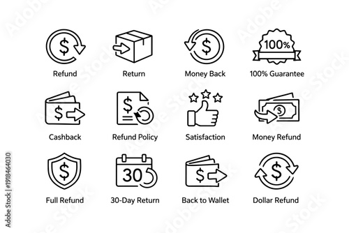 Refund and return icons: money back guarantee, cashback, satisfaction policies