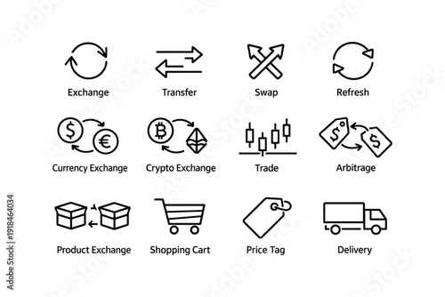 Financial transaction icons: exchange, transfer, crypto, trade, delivery