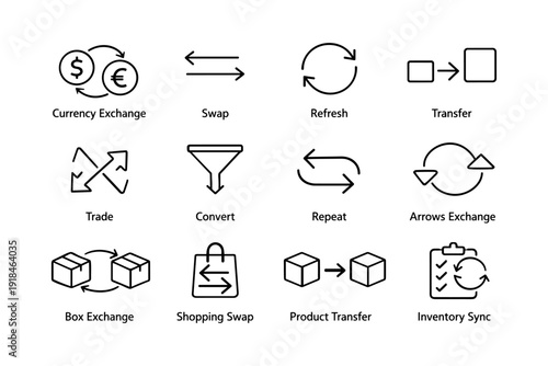 Icons representing currency exchange, swap, refresh, and trade with arrows and boxes