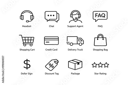 E-commerce icons: shopping cart, credit card, delivery truck, chat, support agent