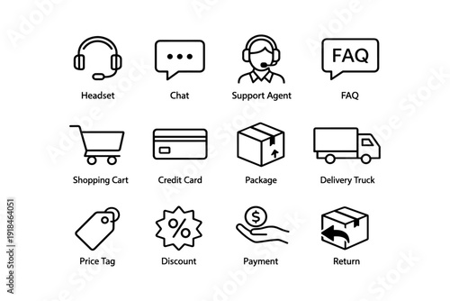 E-commerce icons set: headset chat support cart payment delivery package