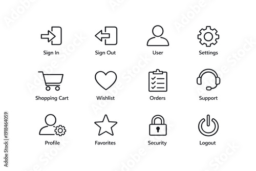 User interface icons for sign in settings shopping cart and support