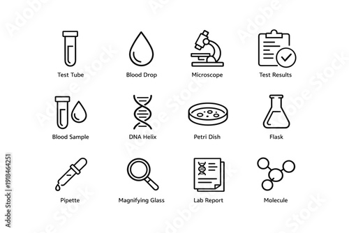 Scientific equipment icons: test tube, blood drop, microscope, lab report, molecule