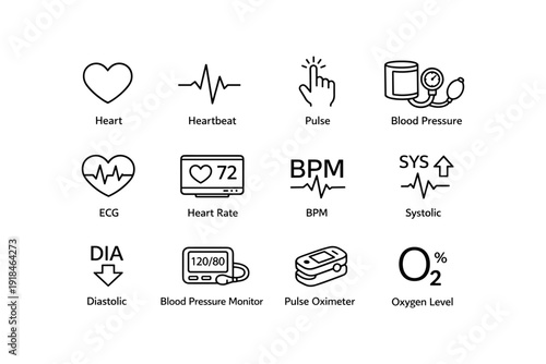 Medical icons: heart, ecg, blood pressure monitoring indicators