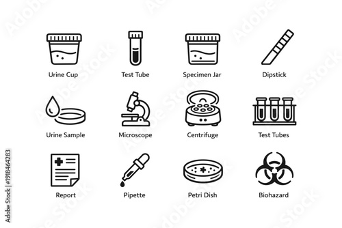 Laboratory equipment icons: test tubes, microscope, biohazard symbols