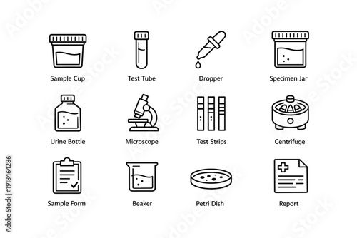 Laboratory equipment icons: test tube, microscope, petri dish, centrifuge, beaker