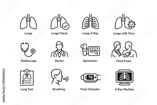 Lung health icons: lungs, x-ray, virus, stethoscope, spirometer