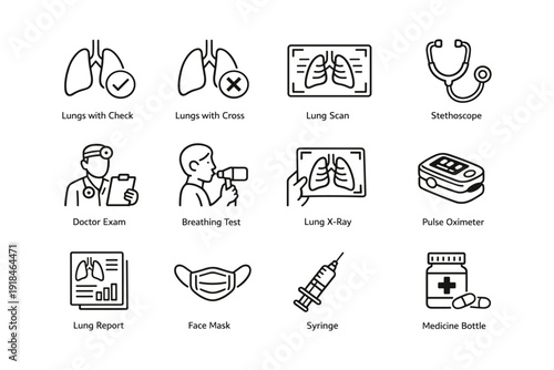 Medical icons of lungs, doctor exams, tests, and equipment