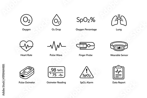 Medical icons set: oxygen, spo2, heart rate, pulse, wearable sensors