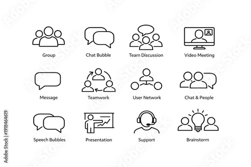 Icon set of group communication and teamwork concepts