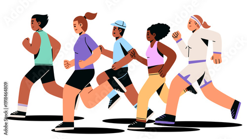 vector illustration of diverse men and women running in side view. Ideal for sports campaigns, wellness promotions, marathon events, social media graphics, and lifestyle branding projects.