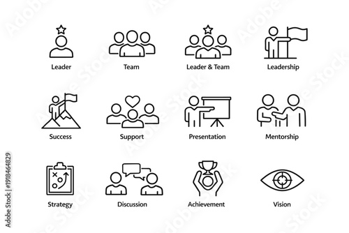 Leadership icons: team, success, mentorship, strategy, vision illustrations