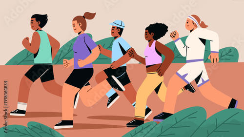 vector illustration of a diverse group of men and women running outdoors together. Ideal for sports campaigns, wellness programs, marathon promotions, social media content, active lifestyle branding