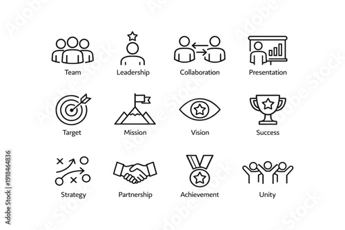 Business strategy icons: teamwork, leadership, collaboration, success, innovation